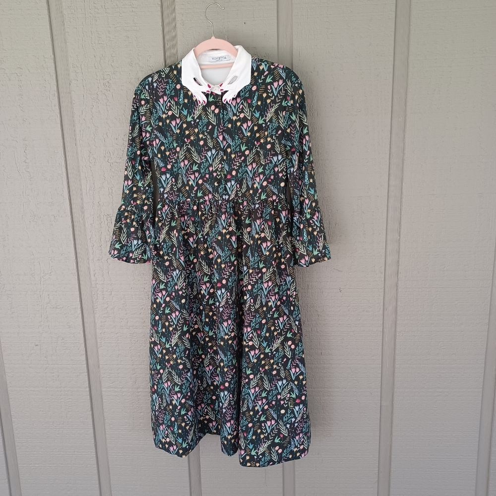 Vivetta Floral Printed Hand Collar Midi Dress Women Feminine Flare Sleeve Pocket